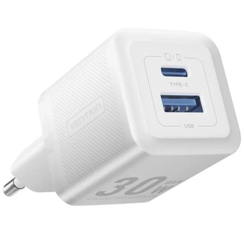 Cargador Pared GAN 30W USB-C USB-A Blanco Vention