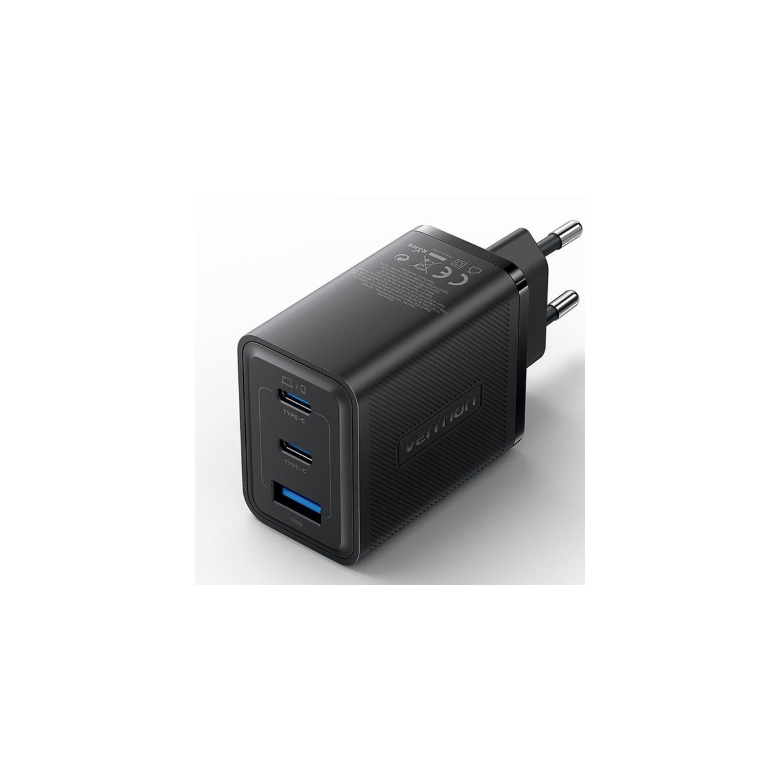 Cargador Pared Gan 65W 2xUSB-C USB-A Negro Vention